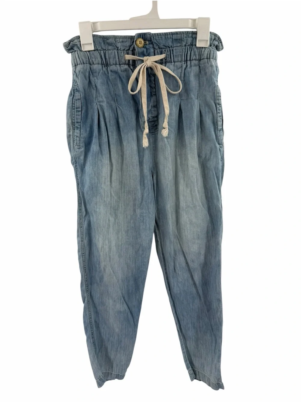Free People Margate Pleated Denim Trouser Blue Paperbag Boho Size Small